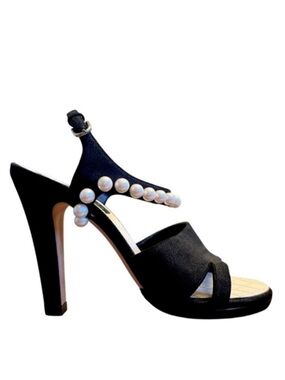 CHANEL 2014 Black Suede Pearl Ankle Strap Slingback Heels Sandals CC